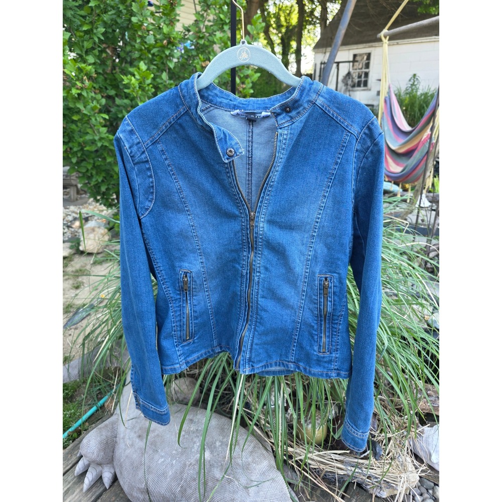 Baccini Womens Denim Moto Jacket Medium Wash Blue Zip Up Mock Neck Coat
